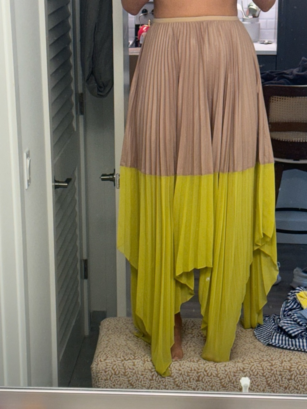 BCBGMaxAzria Two-Tone Pleated Asymmetrical Skirt in Beige and Lime